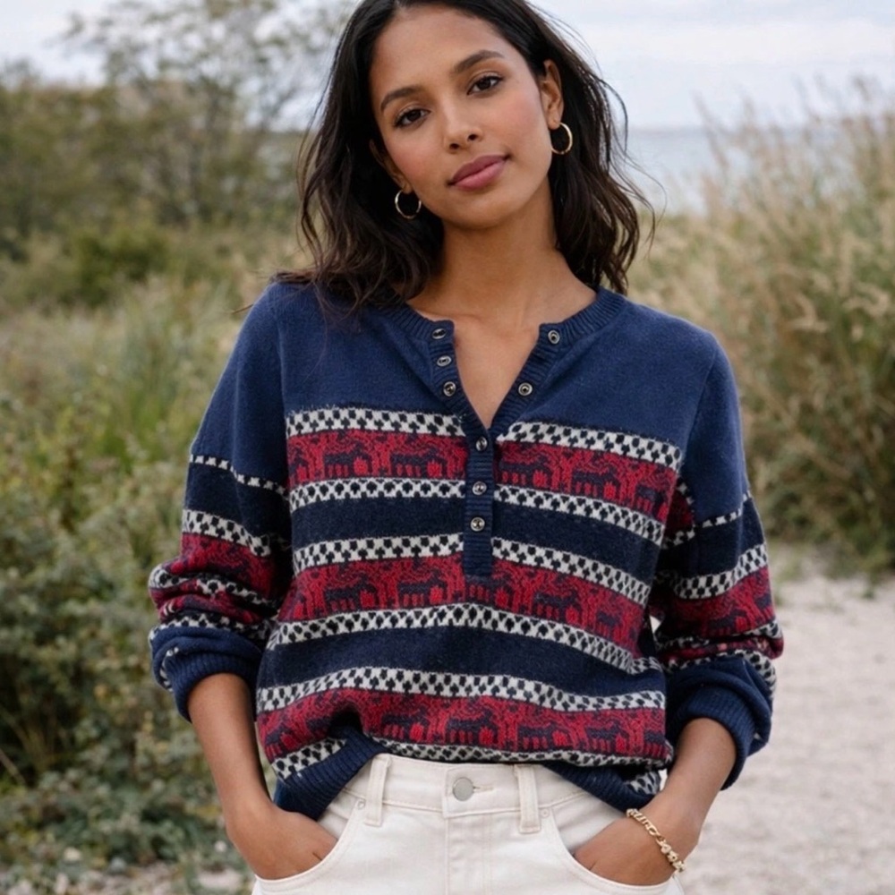 FREE PEOPLE To The Woods Women’s Sweater Top in Boy Combo‎ Sz Large